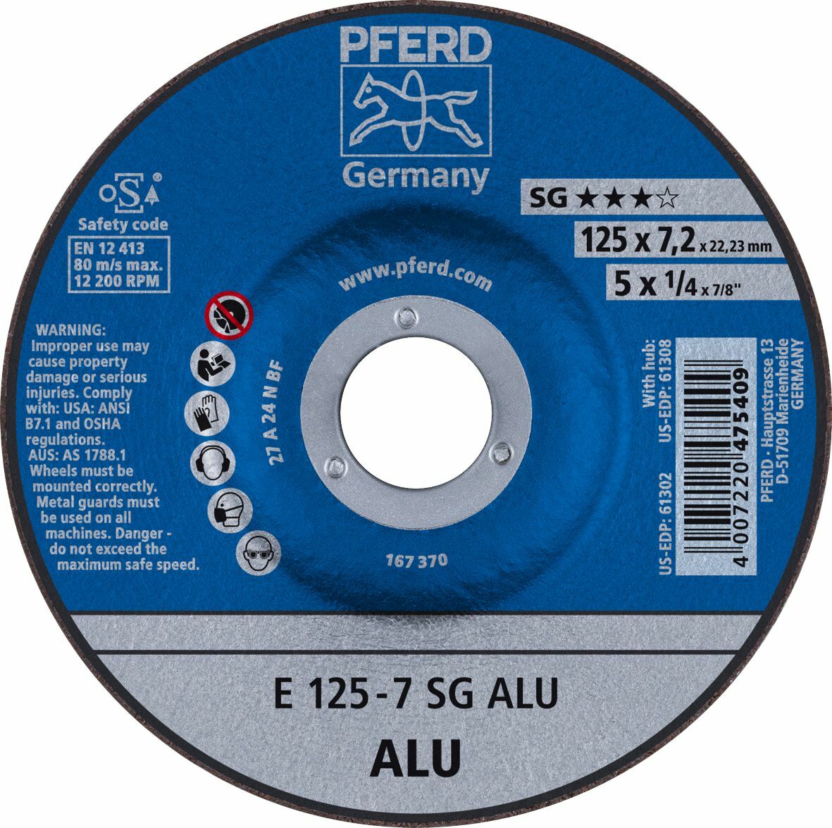 PFERD 62212622 Grinding Disc 125mm x 7.2mm Aluminum
